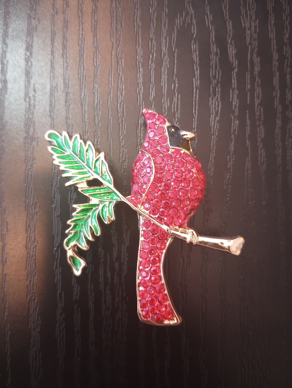 Red Cardinal On Green Leaf Branch Rhinestone Brooch Pin